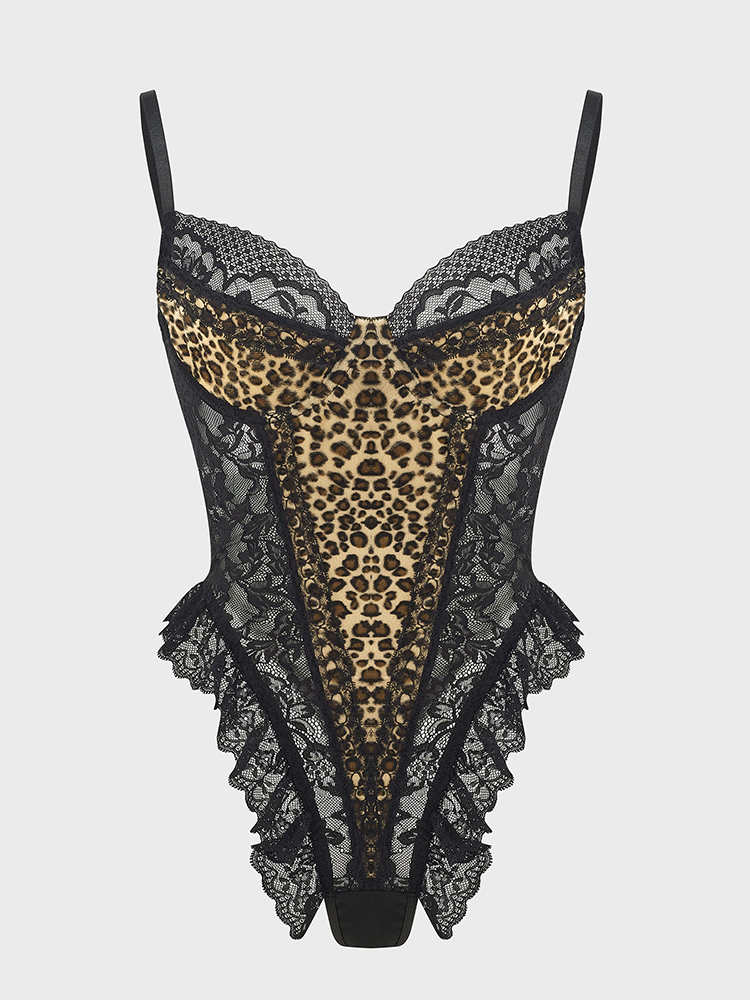 Shapewear Bodysuit Firm - 섹시한 레이스 레오파드 패턴 바디 슈트