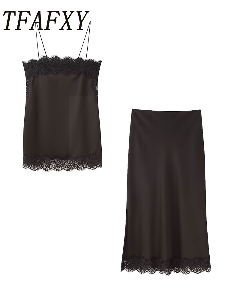 Cami Top Lace - TFAFXY 빈티지 캐주얼 여성 브라운 솔리드