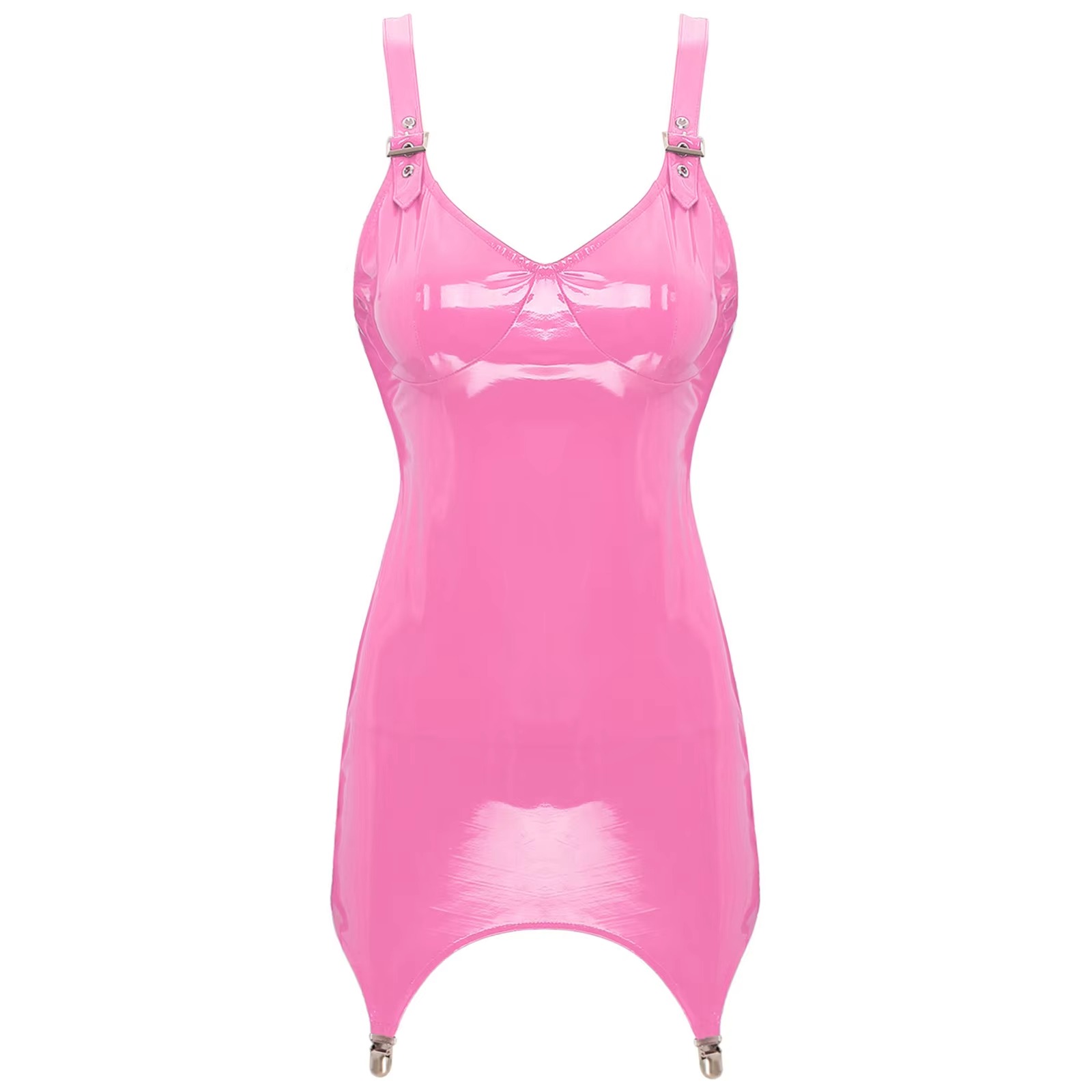 Babydoll Chemise Night - 여성용 반짝이는 메탈릭 PVC 가죽 V넥