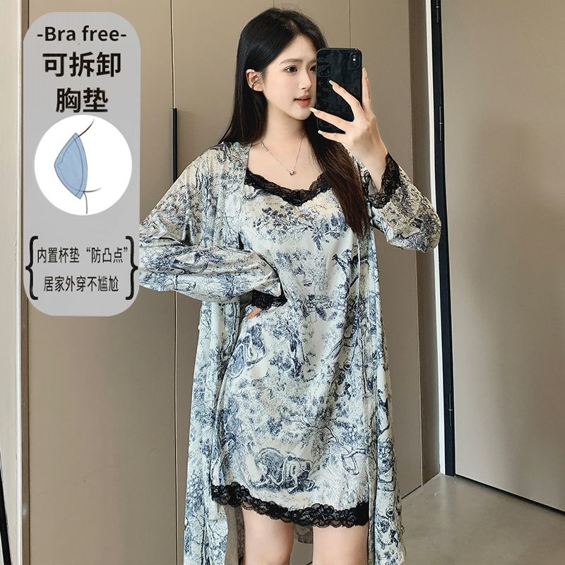 여름 2피스 섹시 레이스 란제리 아이스 실크 새틴 나이 - Robe Silk Women 리뷰 및 가격