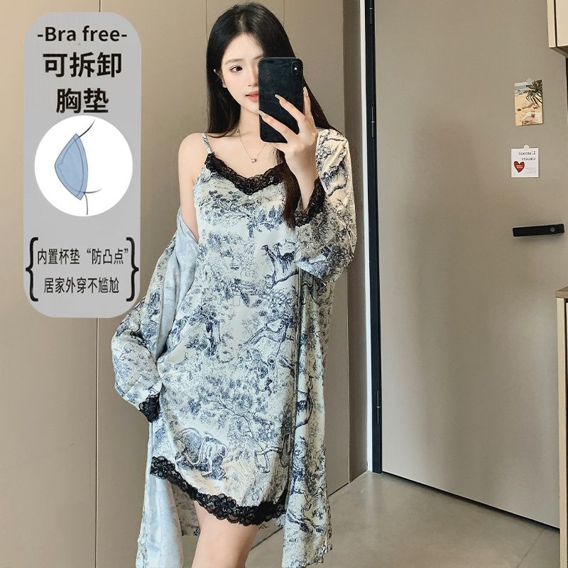 여름 2피스 섹시 레이스 란제리 아이스 실크 새틴 나이 - Robe Silk Women 리뷰 및 가격
