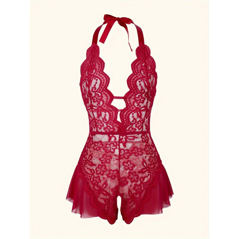 매력적인 레이스 메쉬 테디, 스캘럽 트림 딥 V 오픈  - Lace Teddy Lingerie 리뷰 및 가격