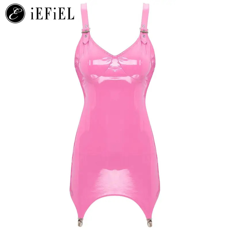여성용 반짝이는 메탈릭 PVC 가죽 V넥 미니 드레스  - Babydoll Chemise Night 리뷰 및 가격